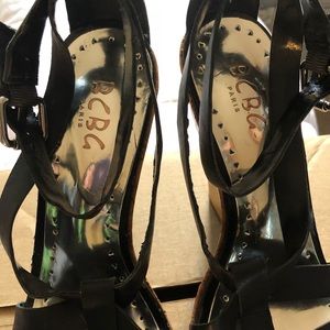 Black leather BCBG wedges